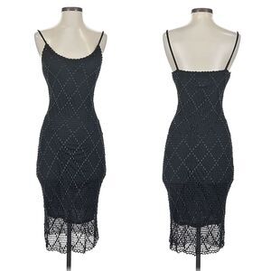 Vintage 90s Basix II Black Beaded Crochet Dress Midi Whimsigoth Size S
